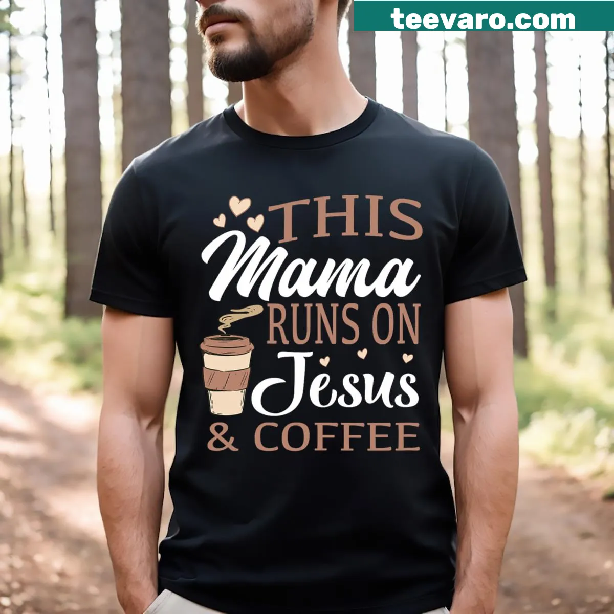Inspirational Mom T-shirt with coffee and Jesus graphic — on a men's t-shirt