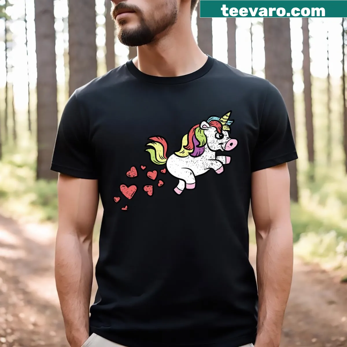Cute T-shirt with a unicorn fart heart design — on a men's t-shirt