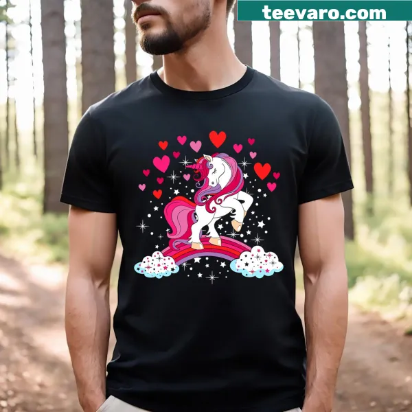 Toddler girl's T-shirt with a rainbow unicorn and hearts for Valentine's Day.