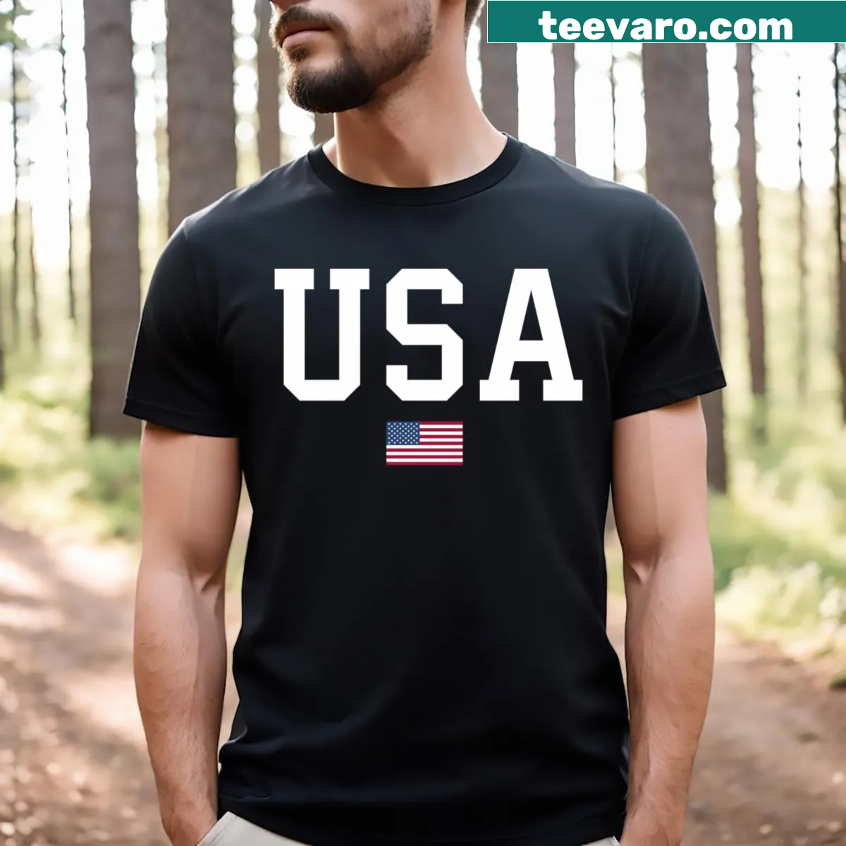 Casual graphic T-shirt showcasing patriotic text design. — on a men's t-shirt