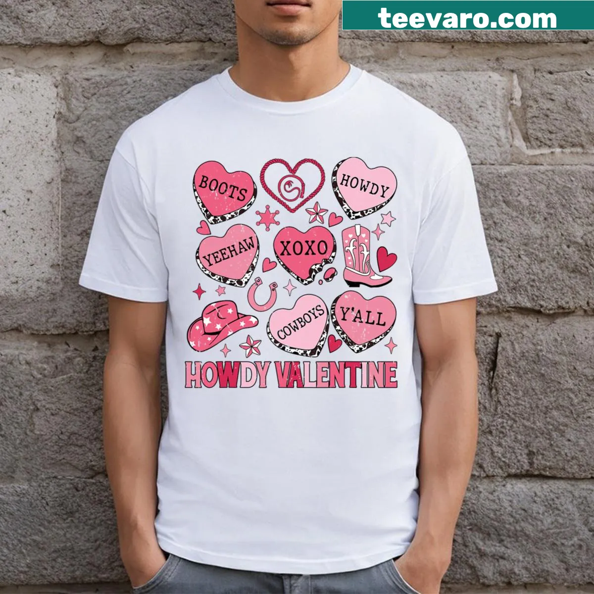 Retro Howdy Valentine t-shirt featuring a heart graphic and playful text — on a men's t-shirt
