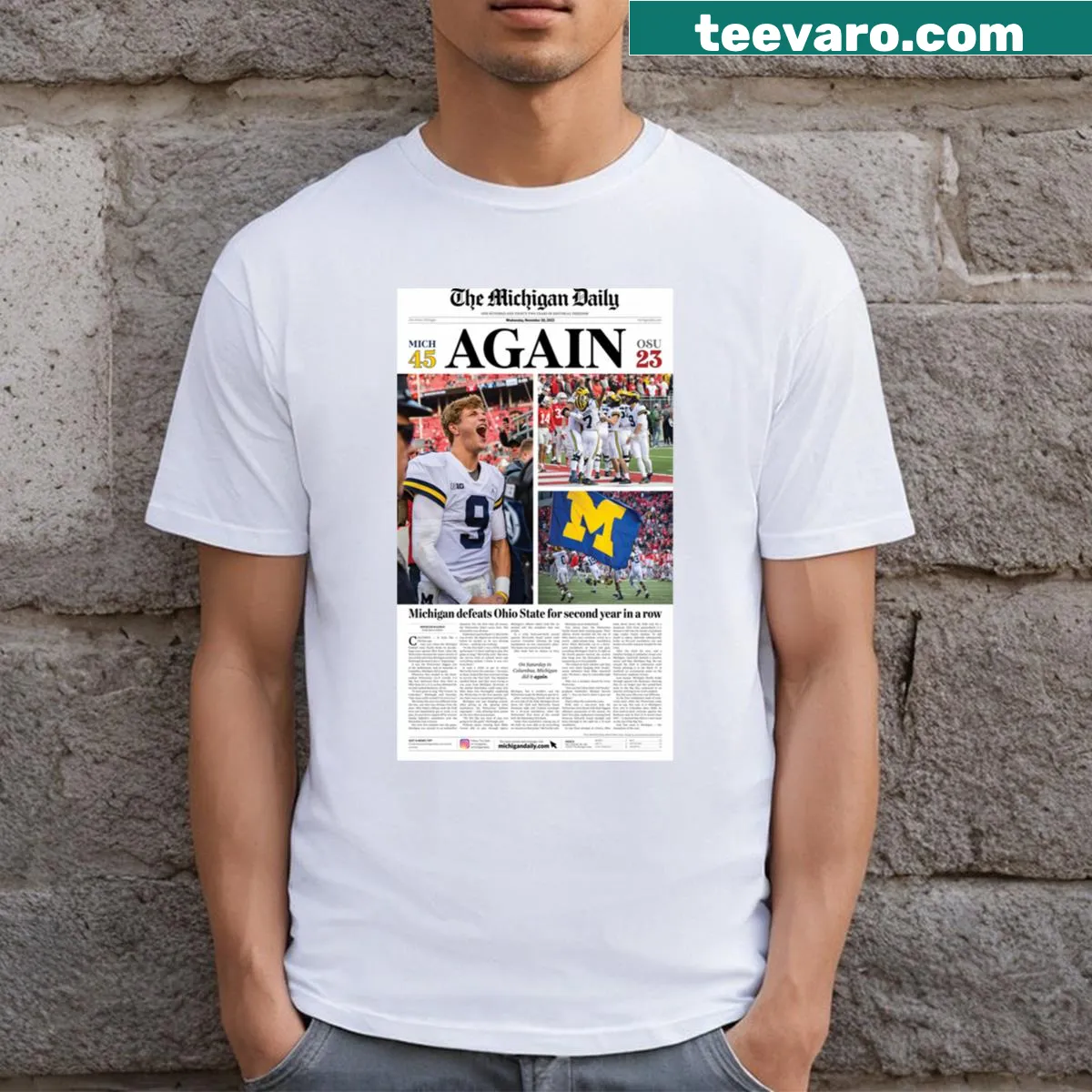 T-shirt featuring a graphic inspired by Michigan vs. Ohio State match. — on a men's t-shirt