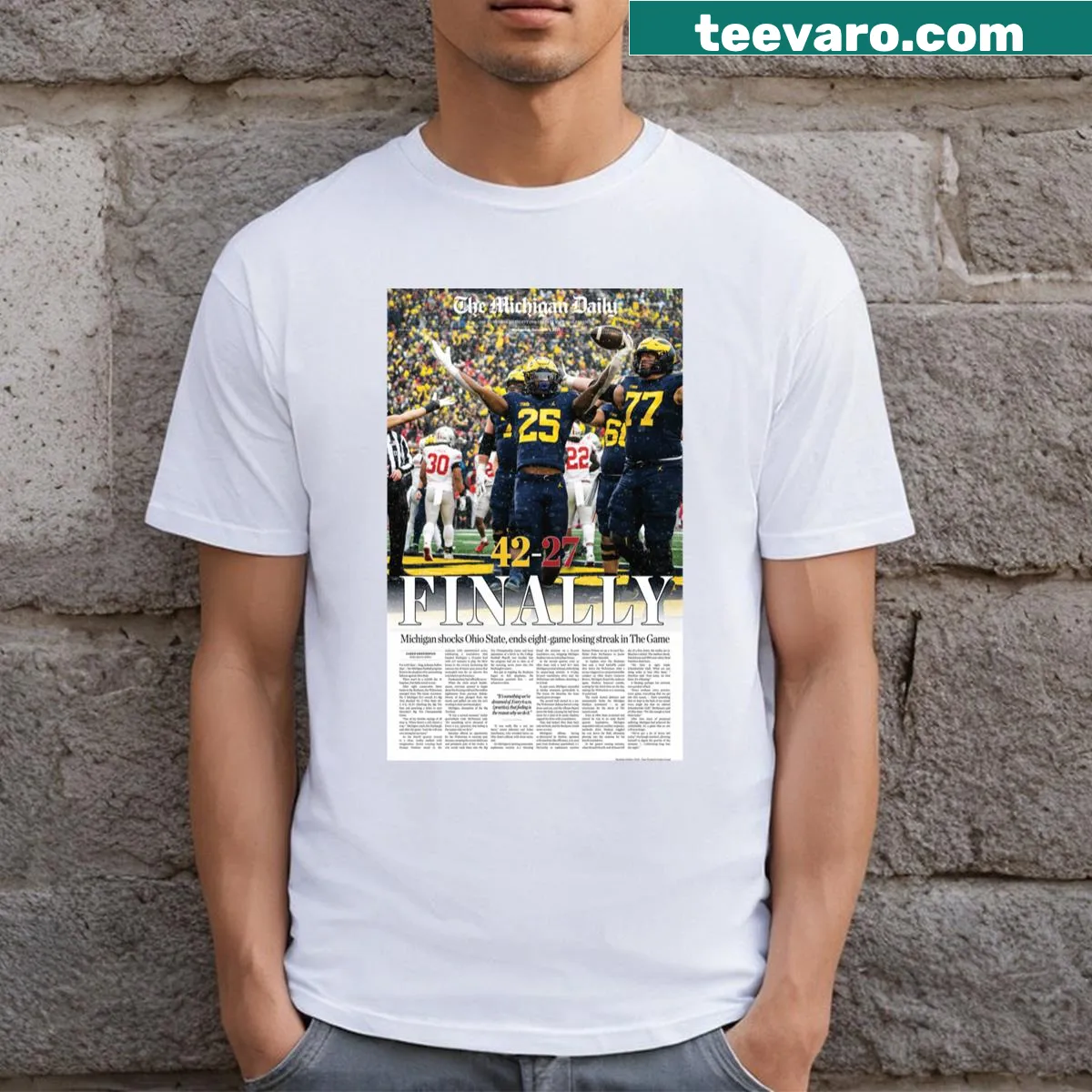T-shirt featuring The Michigan Daily front cover. — on a men's t-shirt