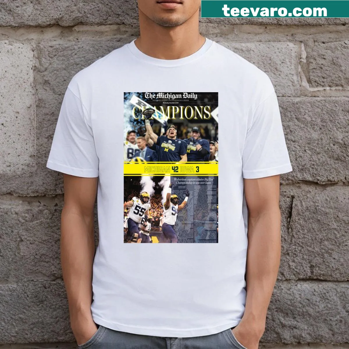T-shirt displaying The Michigan Daily front cover design. — on a men's t-shirt