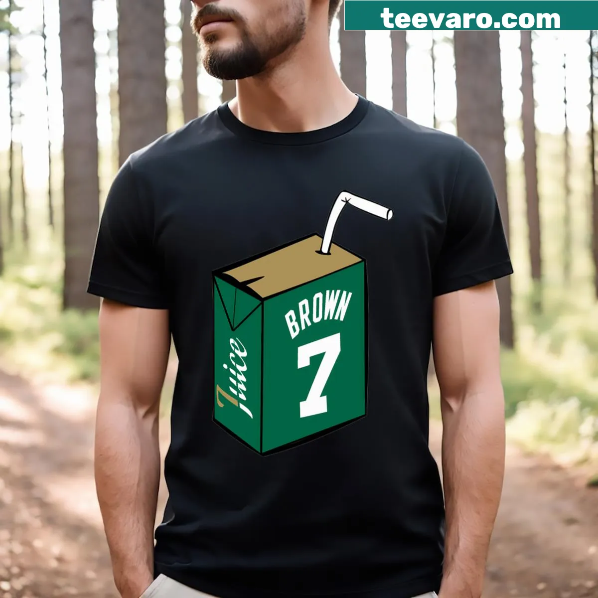 Graphic of a juice box with playful text — on a men's t-shirt