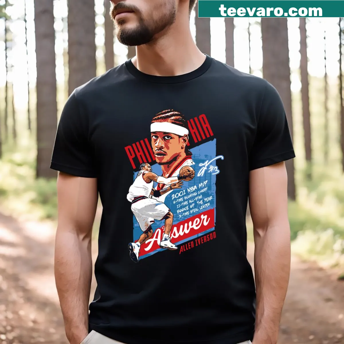 T-shirt featuring Allen Iverson's name and 'The Answer' text — on a men's t-shirt