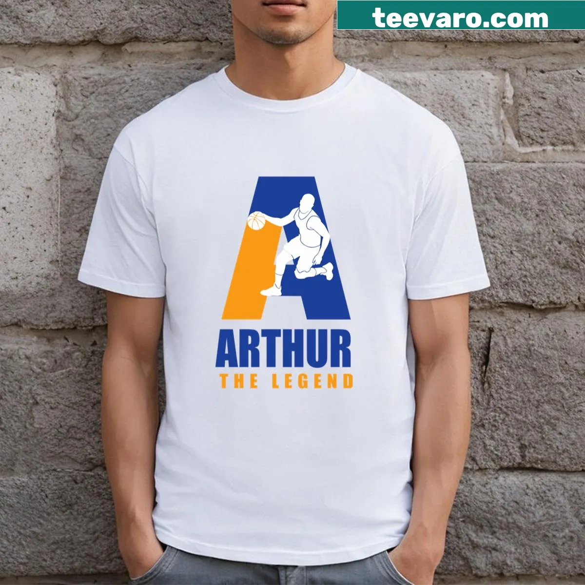 Customizable basketball-themed T-shirt with player name and graphic — on a men's t-shirt