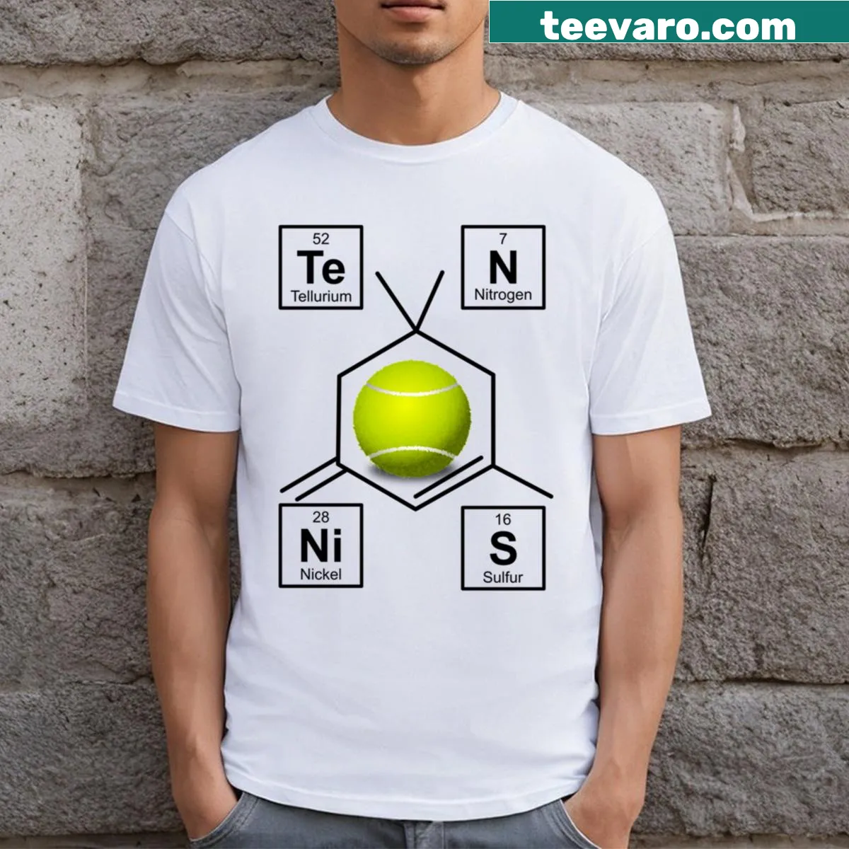 Tennis-themed t-shirt with periodic table elements and Science phrase — on a men's t-shirt