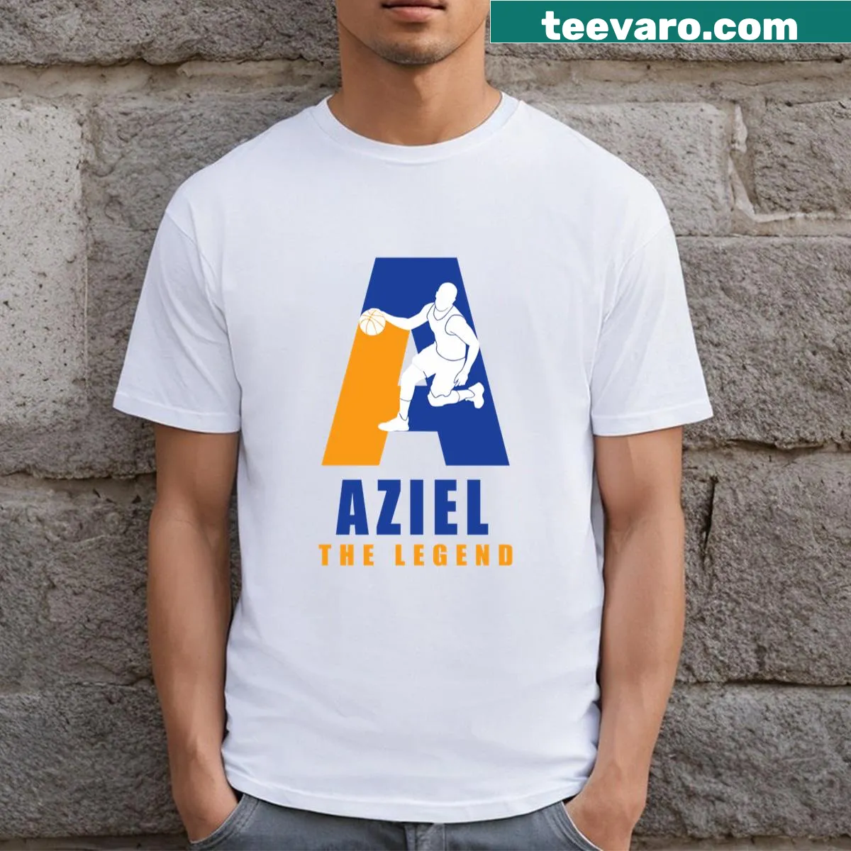 Customizable Aziel player basketball t-shirt with your name — on a men's t-shirt