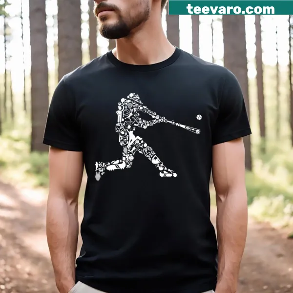 Playful T-shirt with a pattern of baseball players in action.