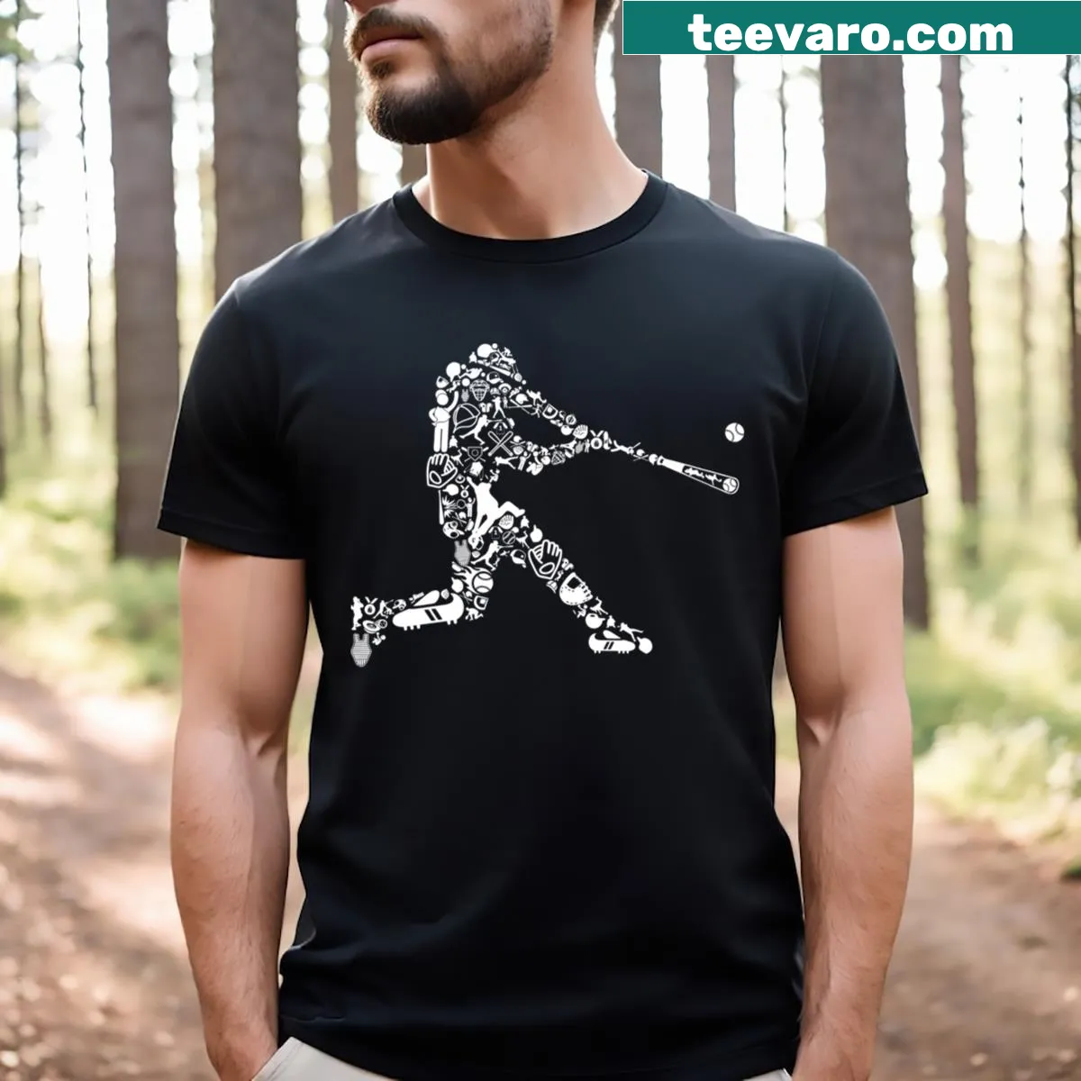 Playful T-shirt with a pattern of baseball players in action. — on a men's t-shirt