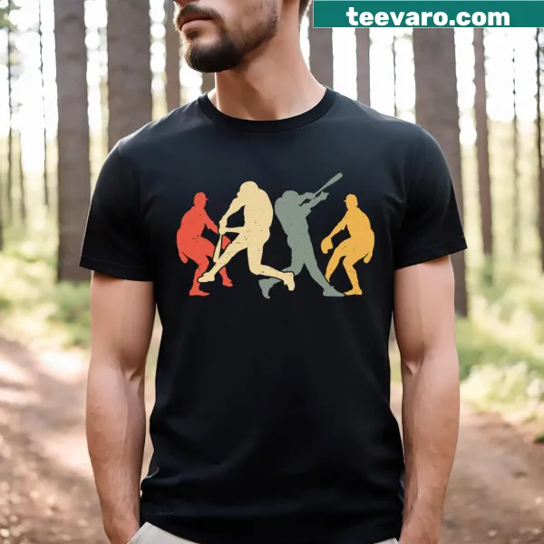 Retro vintage T-shirt featuring a catcher, pitcher, and batter graphic.