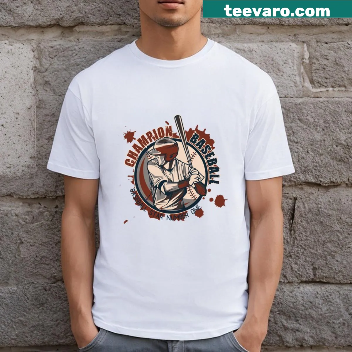 Baseball-themed graphic with logos and bats on the shirt — on a men's t-shirt