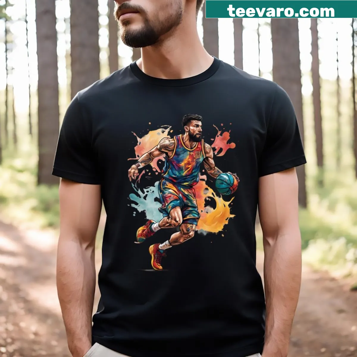 Artistic graphic design of basketball in motion — on a men's t-shirt