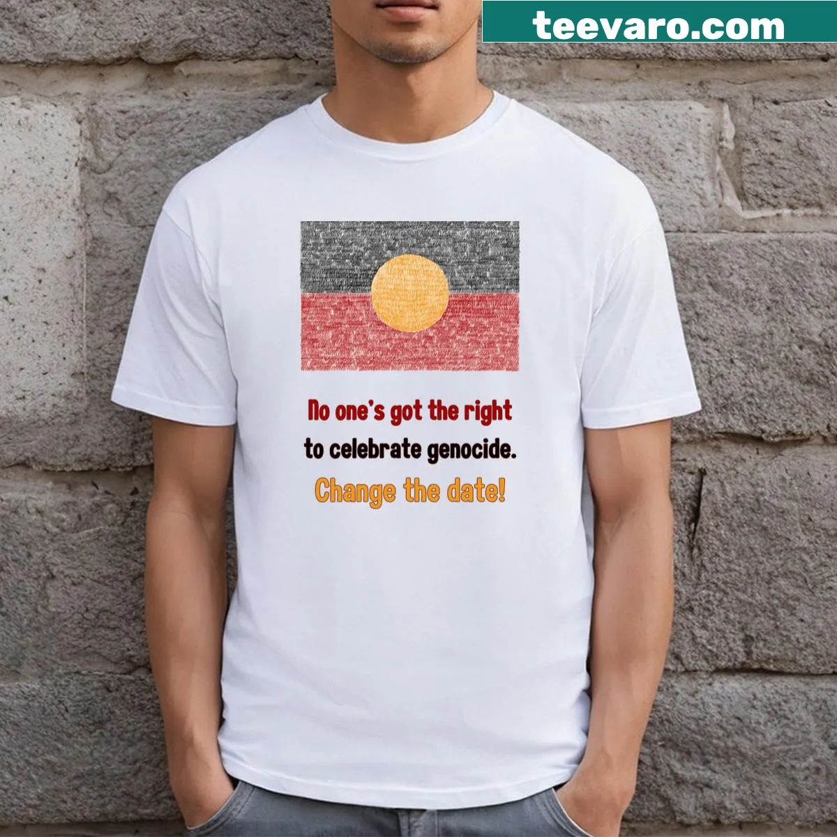 T-shirt promoting Change The Date with thoughtful graphic honoring Indigenous culture — on a men's t-shirt
