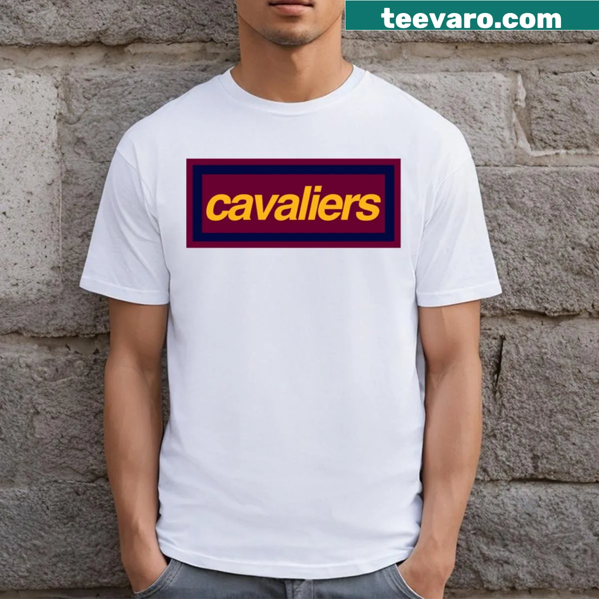 Cleveland Cavaliers T-shirt featuring bold Cavaliers box logo illustration — on a men's t-shirt