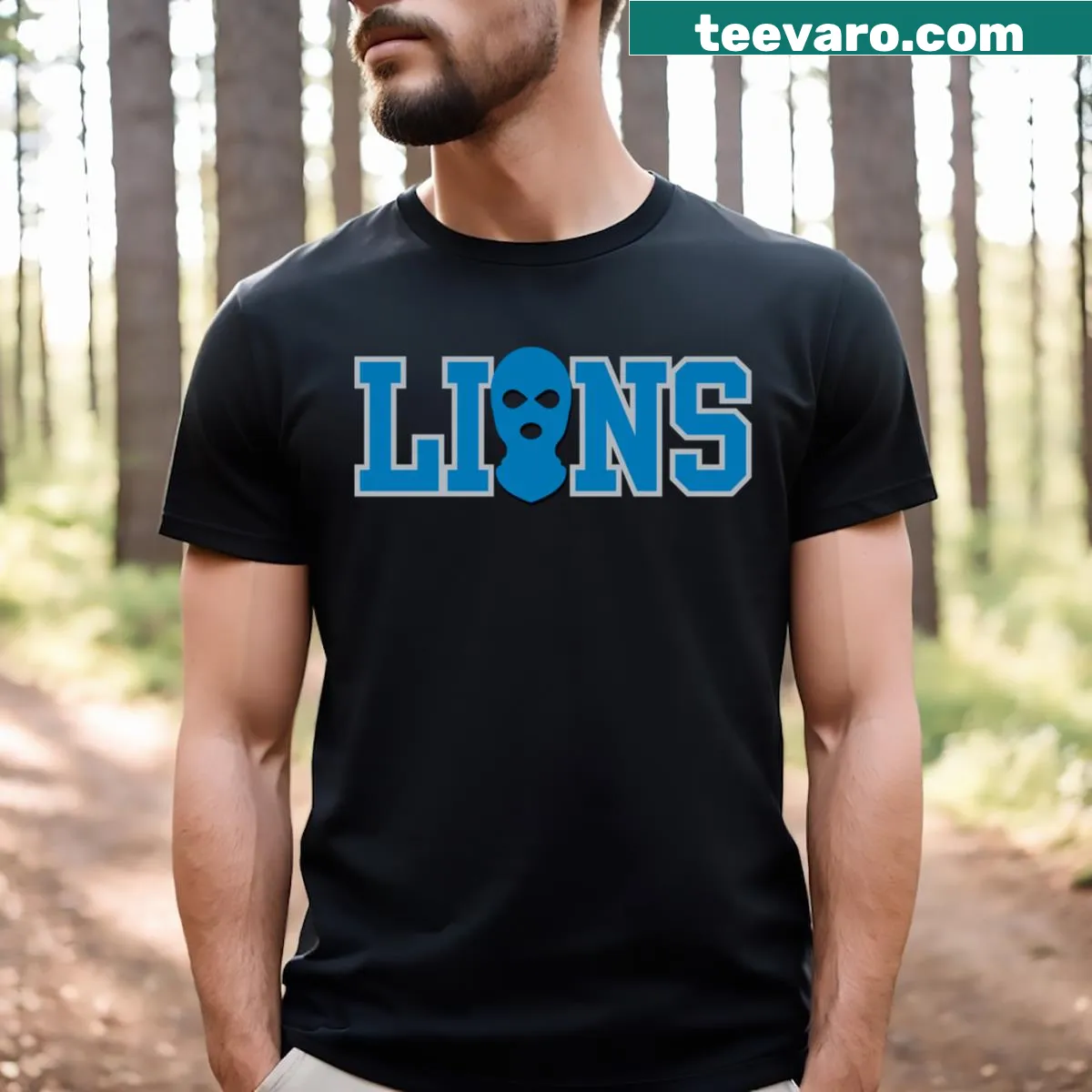 Detroit Lions ski mask graphic t-shirt — on a men's t-shirt