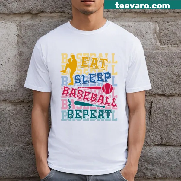 Eat Sleep Baseball Repeat shirt with bold typography