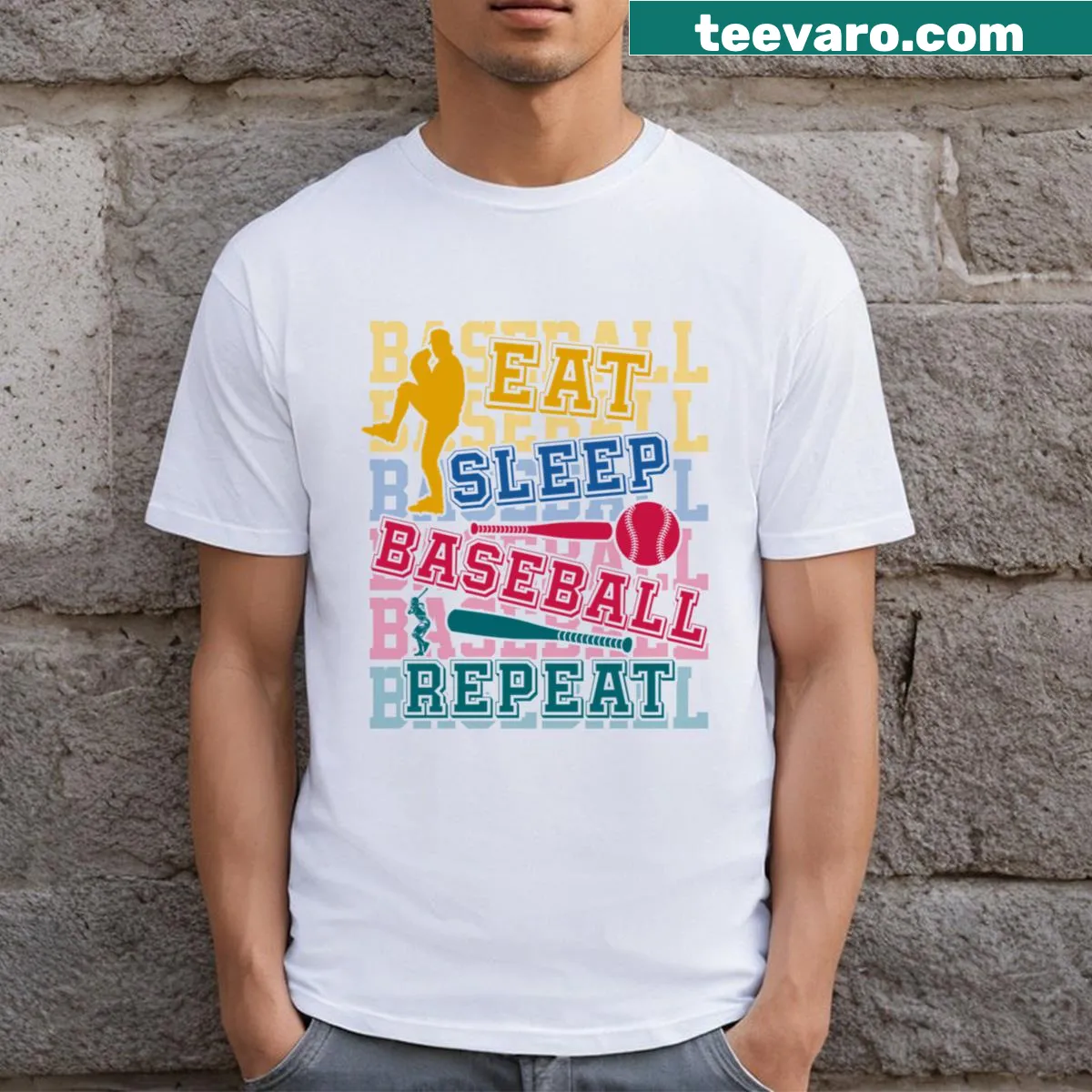 Eat Sleep Baseball Repeat shirt with bold typography — on a men's t-shirt