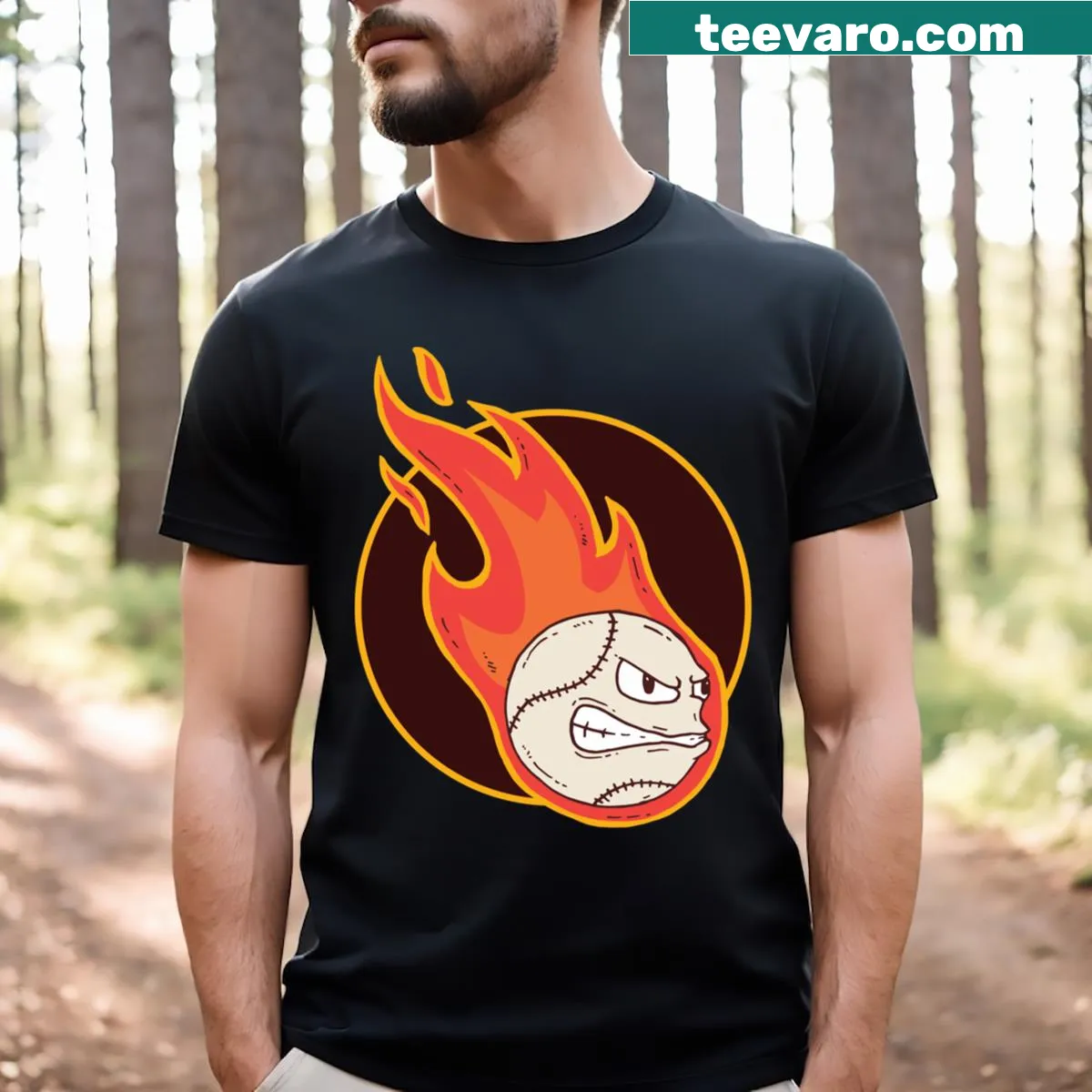 Fire-themed baseball t-shirt with bold graphic design — on a men's t-shirt
