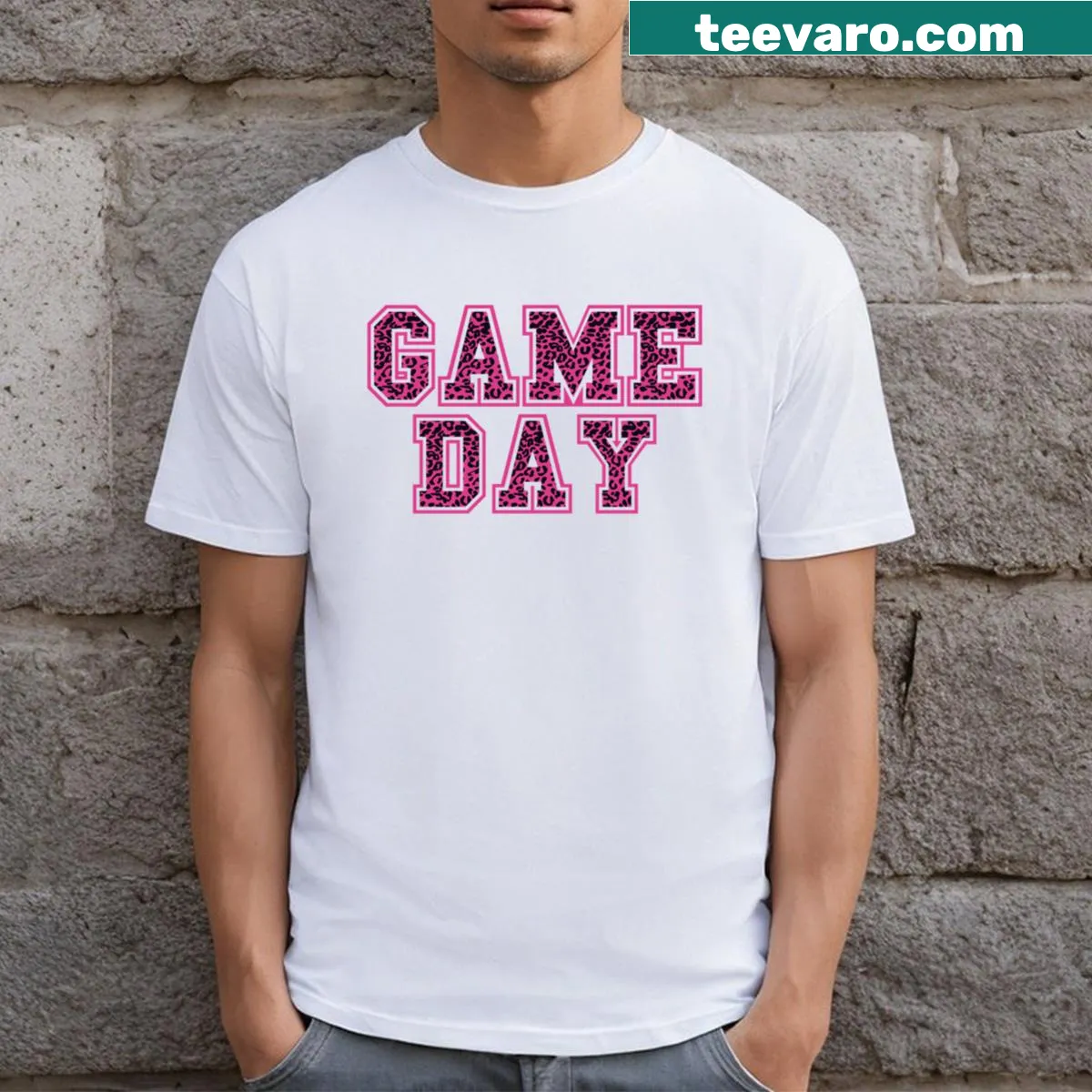 Pink leopard print T-shirt for a stylish vibe — on a men's t-shirt