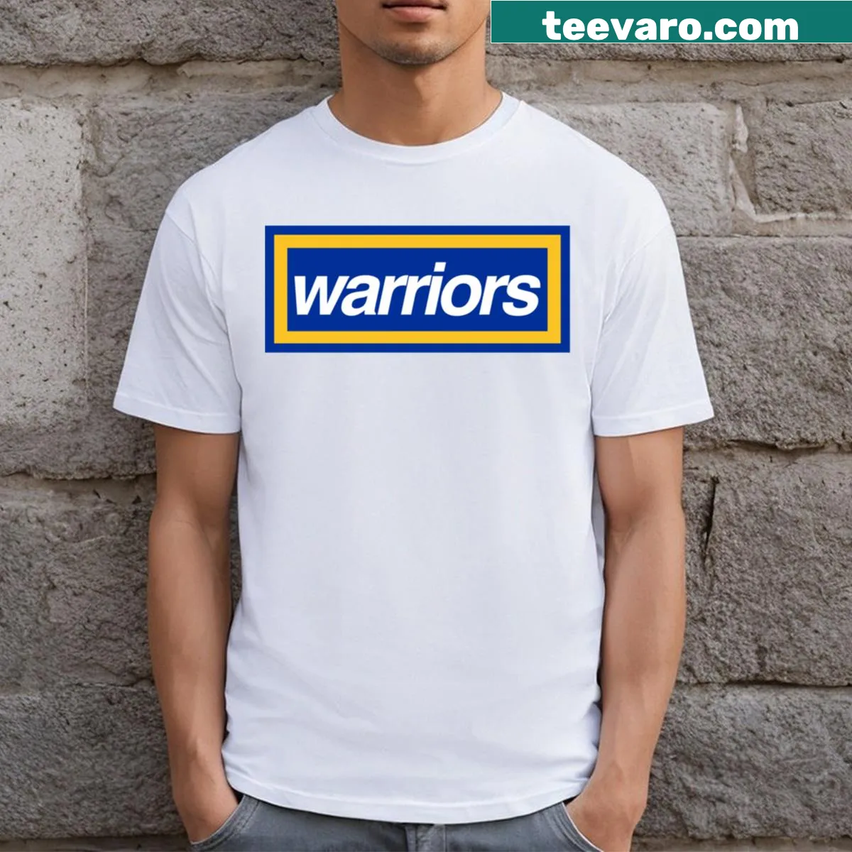 Golden State Warriors box logo T-shirt for fans. — on a men's t-shirt