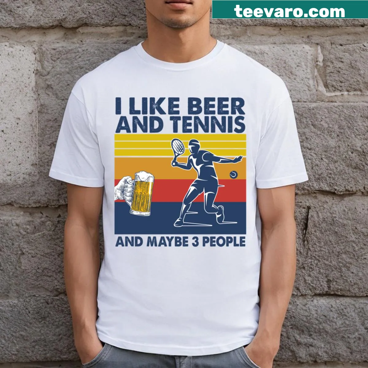 Funny T-shirt with beer, tennis, and humorous text — on a men's t-shirt