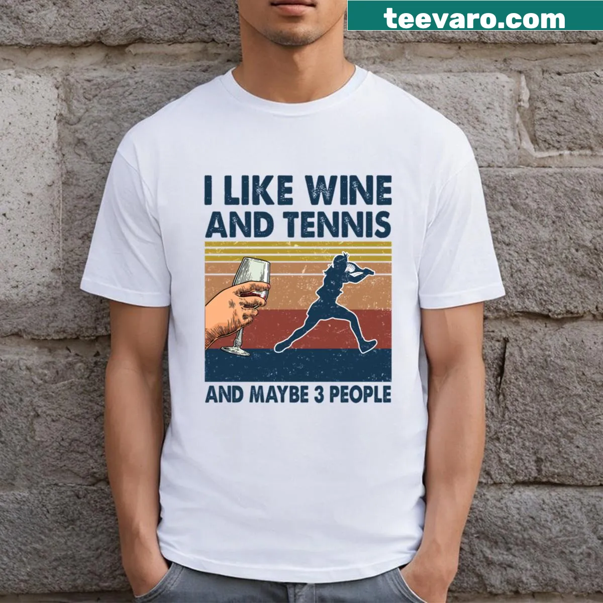 Funny T-shirt with wine, tennis, and humorous text — on a men's t-shirt