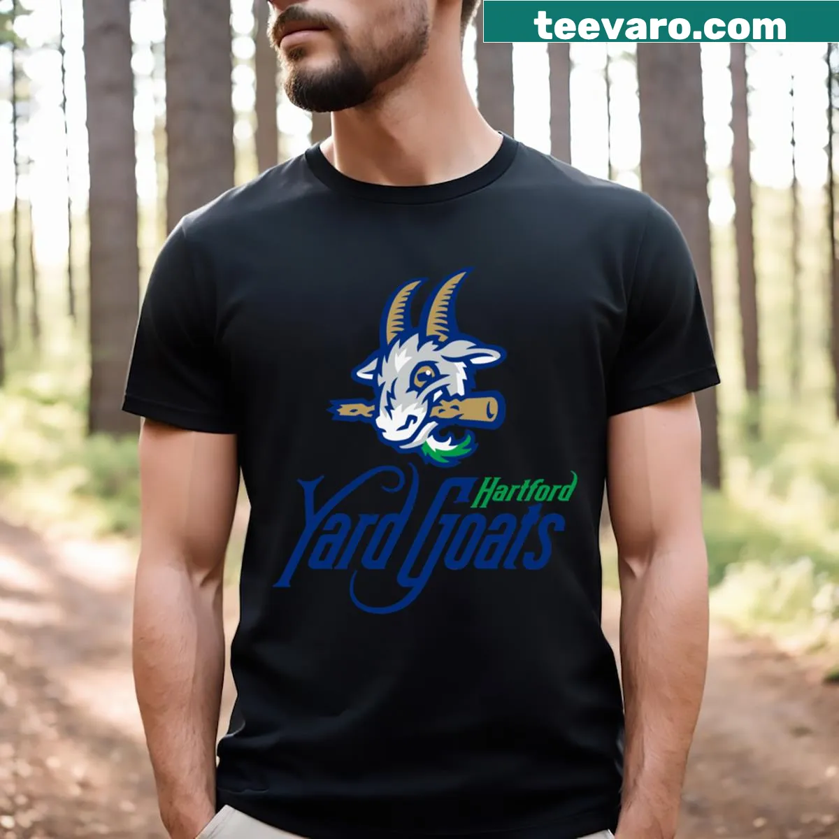 T-shirt featuring the Hartford Yard Goats logo design — on a men's t-shirt