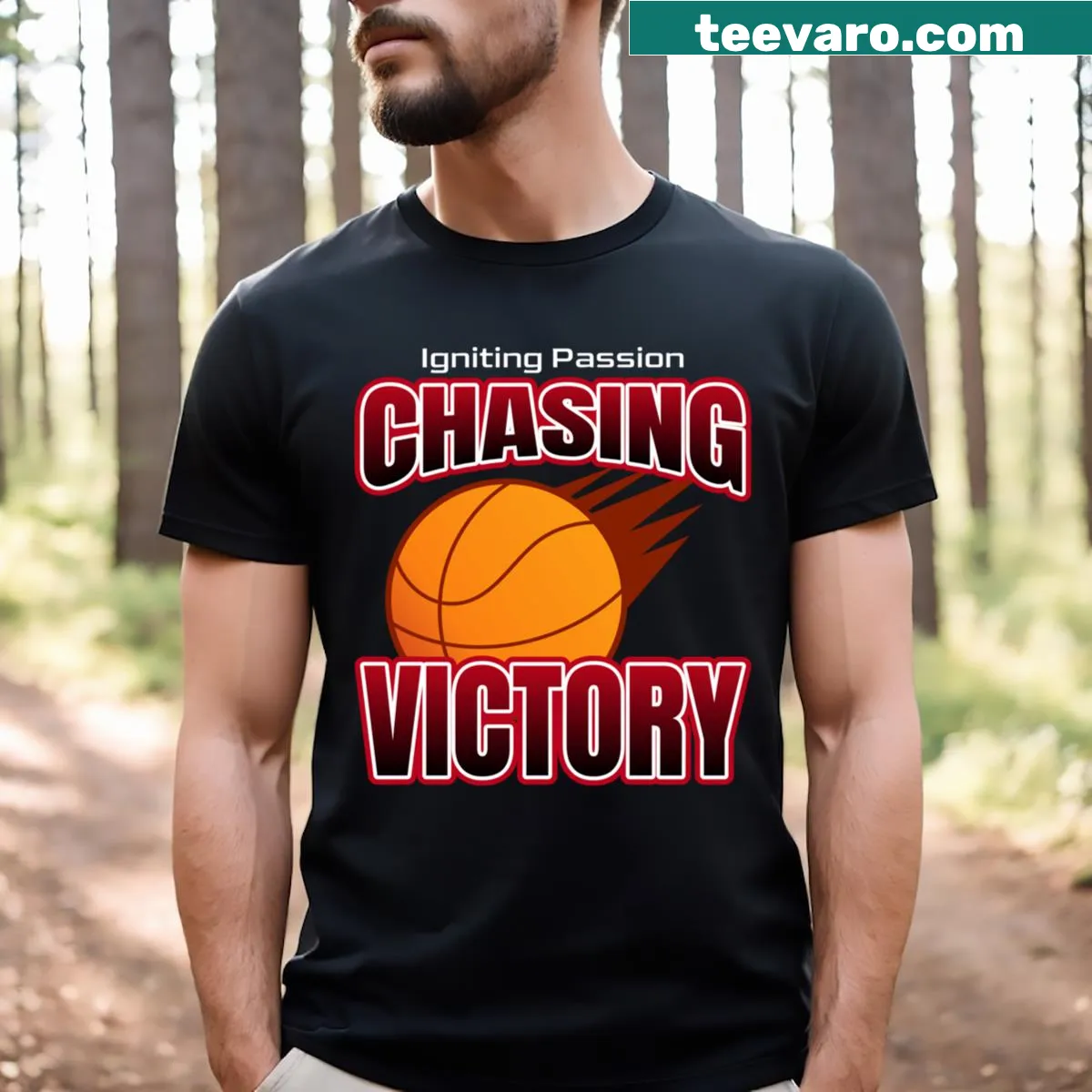 Typography t-shirt with motivational phrase 'Igniting Passion Chasing Victory' — on a men's t-shirt