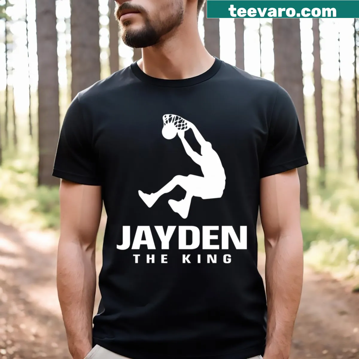 Custom basketball T-shirt with player name and 'The King' text — on a men's t-shirt