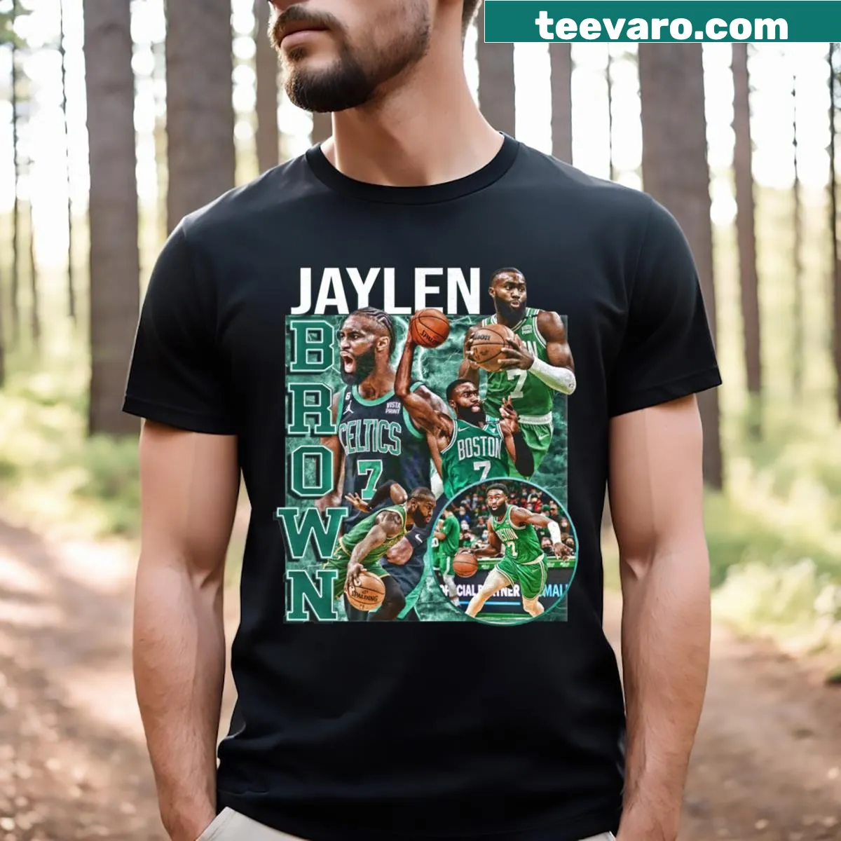 Retro basketball T-shirt featuring Jaylen Brown's name — on a men's t-shirt
