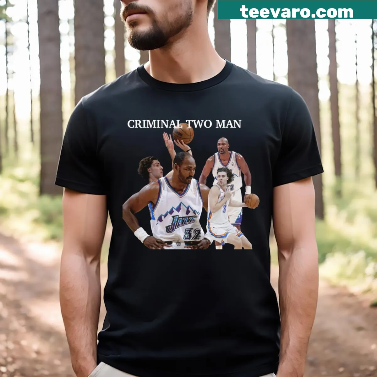 T-shirt featuring Josh Giddey and Karl Malone names — on a men's t-shirt