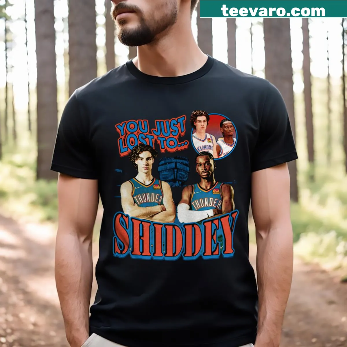Playful Oklahoma City Thunder T-shirt featuring Josh Giddey and Shai Gilgeous-Alexander — on a men's t-shirt
