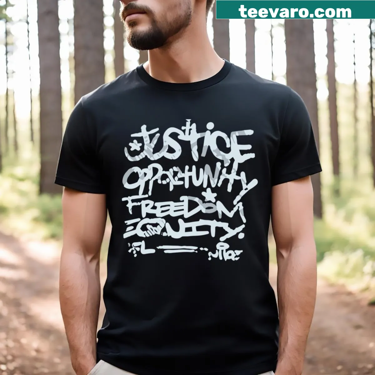 T-shirt featuring justice, opportunity, equity, freedom phrases — on a men's t-shirt