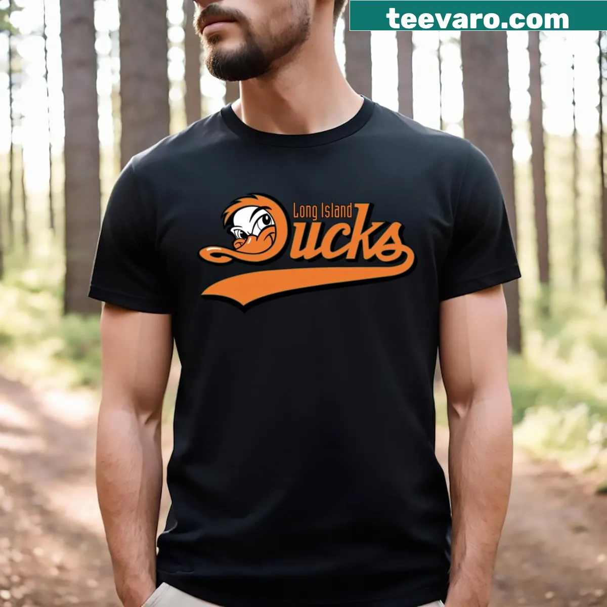 T-shirt featuring Long Island Ducks logo — on a men's t-shirt