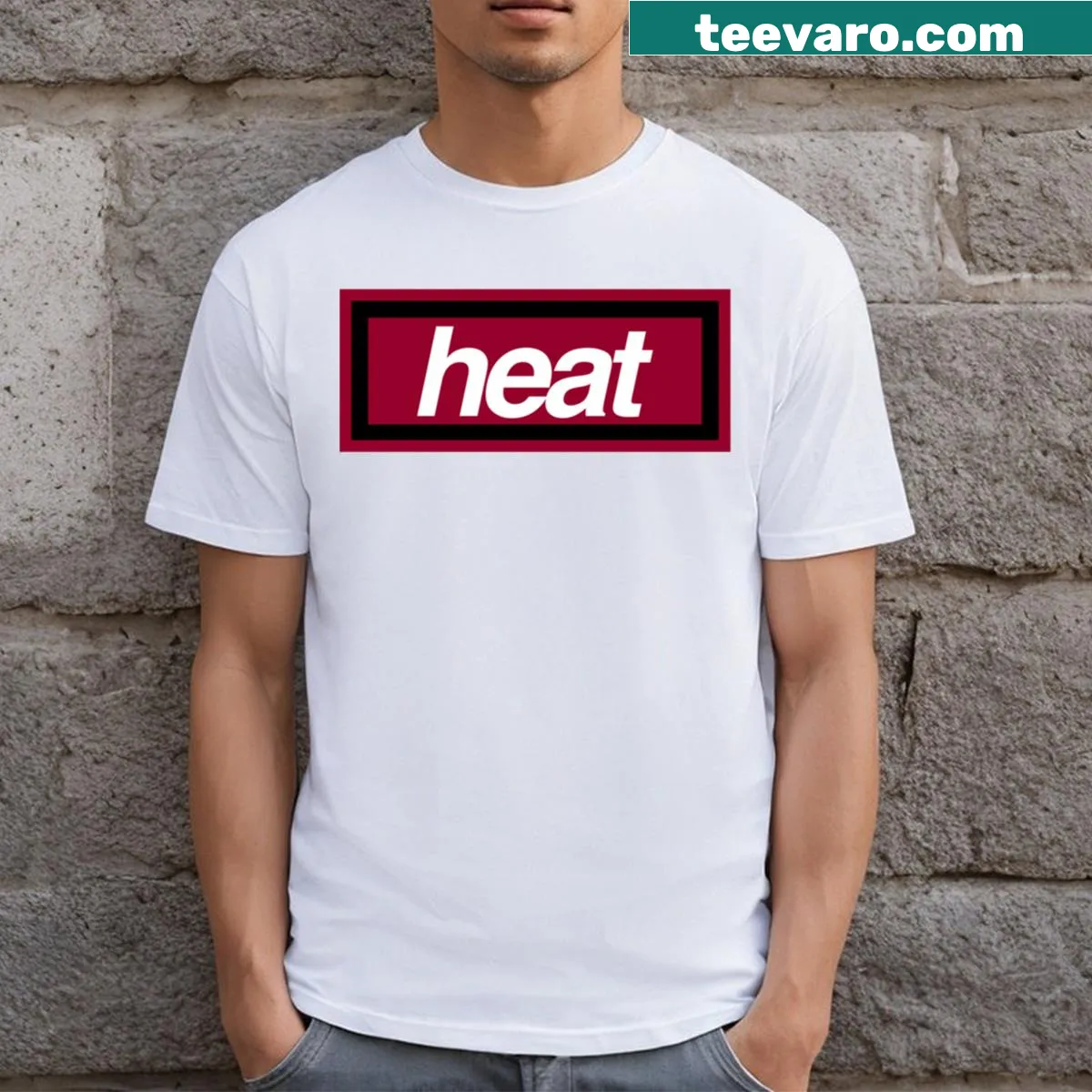Miami Heat box logo printed T-shirt featuring team emblem — on a men's t-shirt