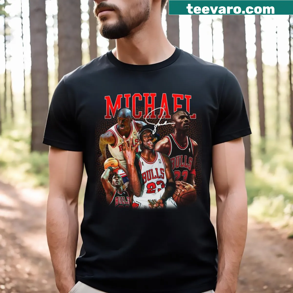 Illustrative T-shirt celebrating basketball legend Michael Jordan. — on a men's t-shirt