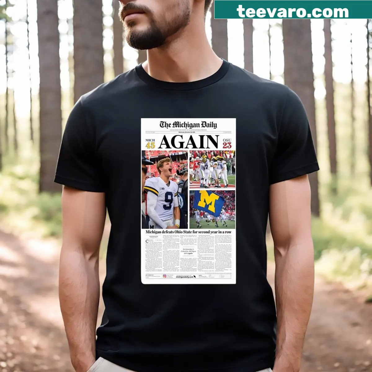 T-shirt featuring 'Michigan Daily' text graphic — on a men's t-shirt