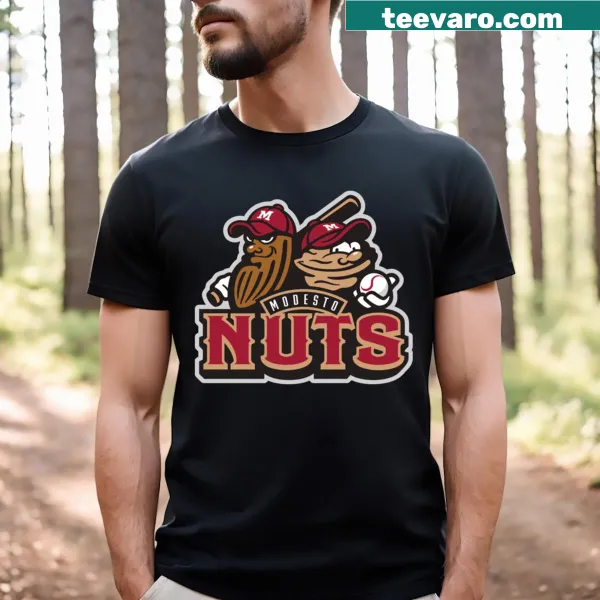 Modesto Nuts baseball team graphic on T-shirt