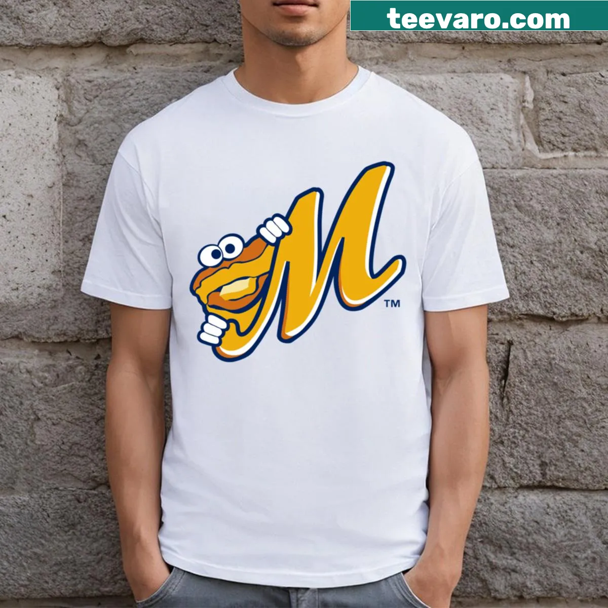 T-shirt featuring playful design of Montgomery Biscuits — on a men's t-shirt