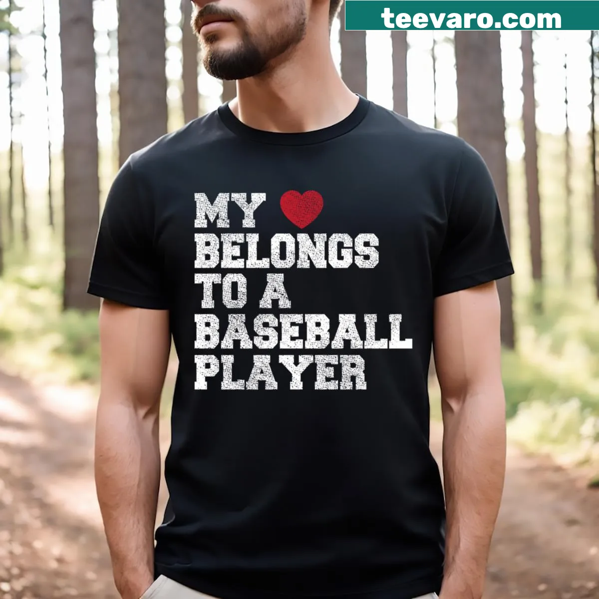 Typography t-shirt saying My Heart Belongs To A Baseball Player — on a men's t-shirt