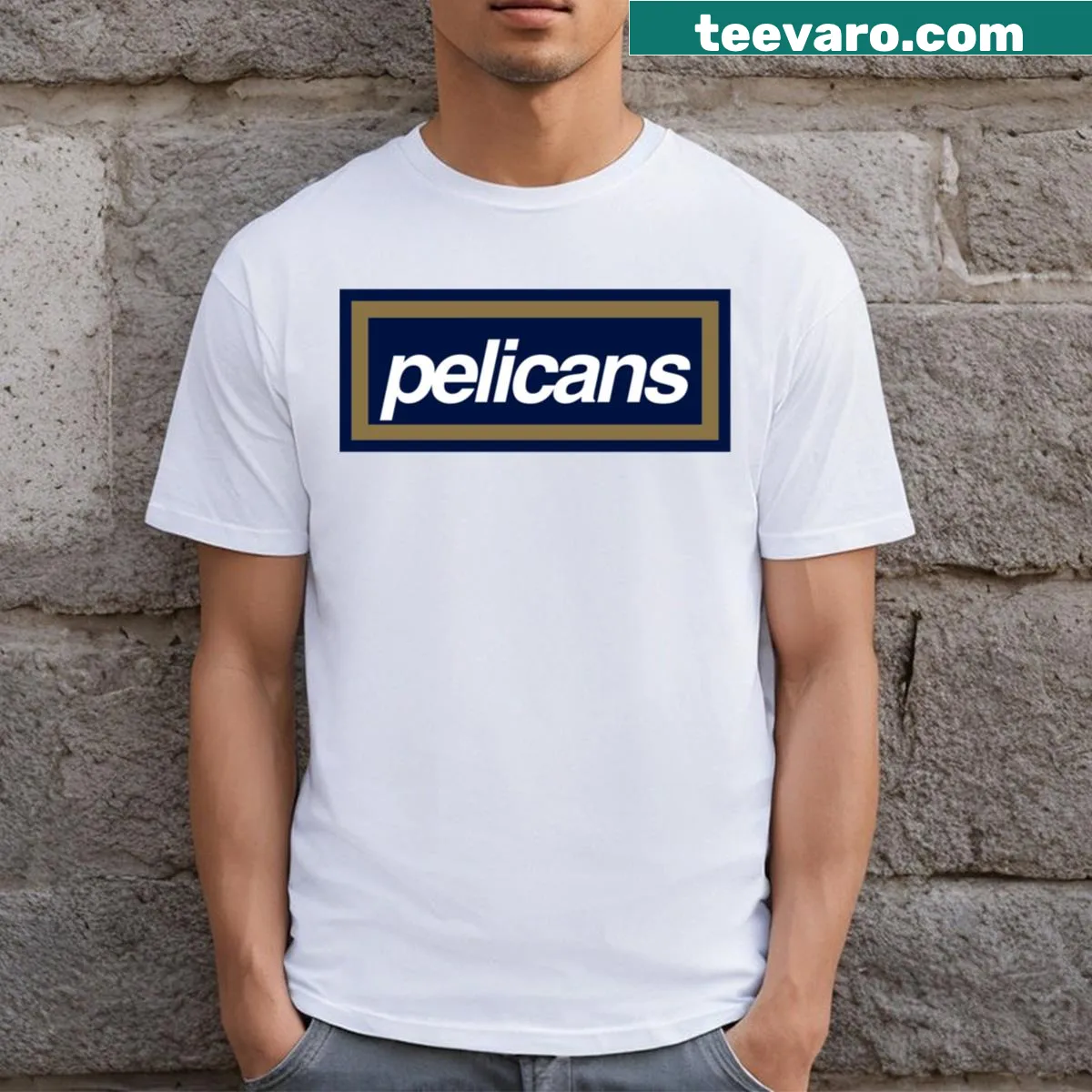 T-shirt with the New Orleans Pelicans box logo design — on a men's t-shirt