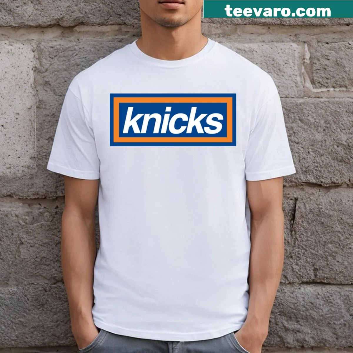 T-shirt with the New York Knicks box logo design — on a men's t-shirt