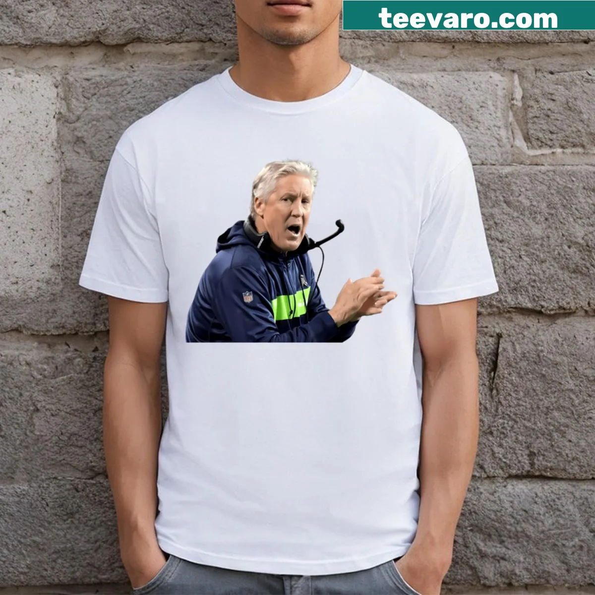 Playful t-shirt featuring an illustration of Pete Carroll chewing gum — on a men's t-shirt