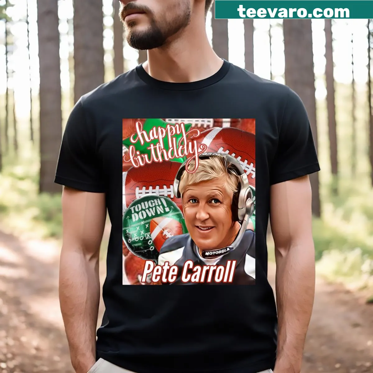 Bold text t-shirt honoring coach Pete Carroll — on a men's t-shirt