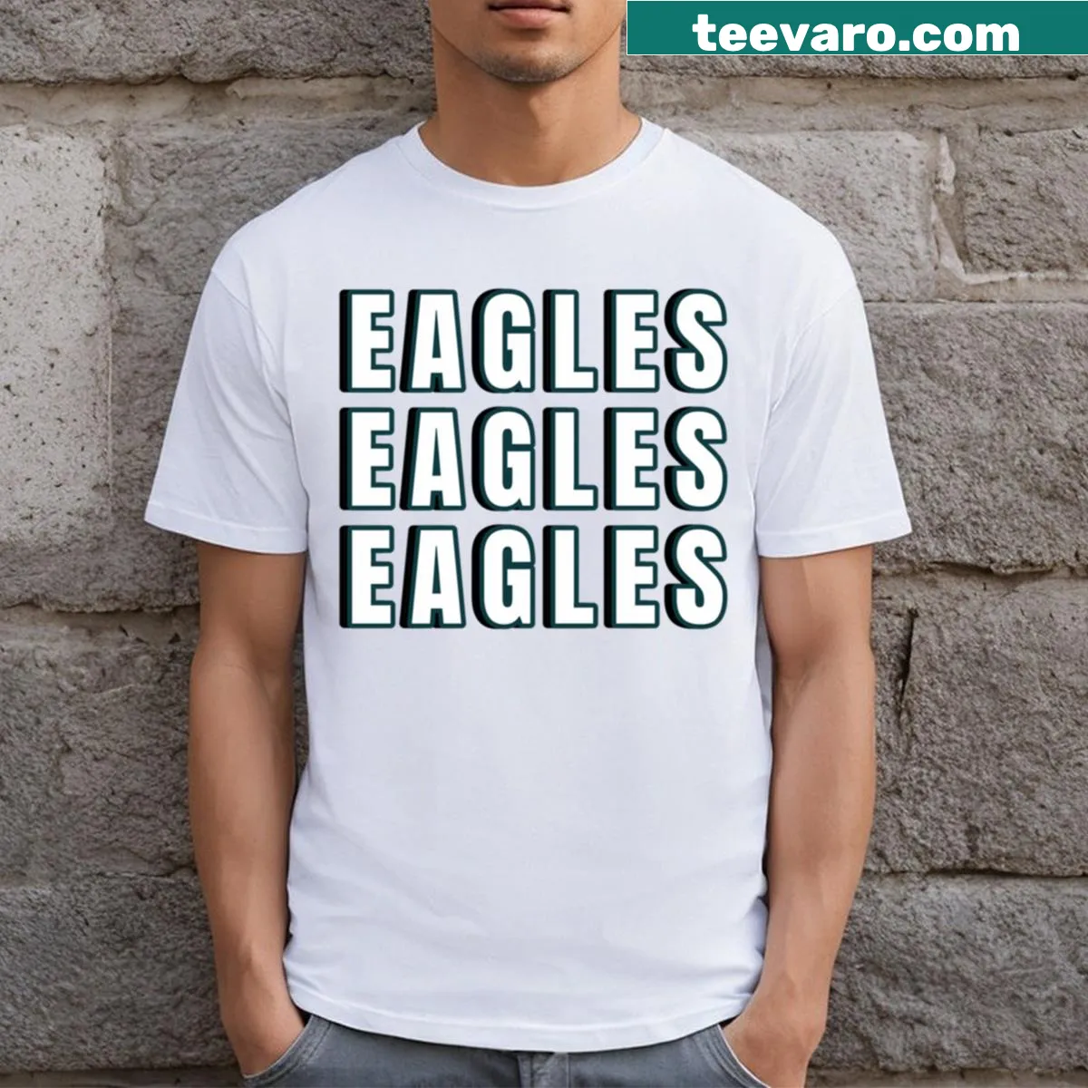 T-shirt featuring a dynamic Philadelphia Eagles design with team name. — on a men's t-shirt