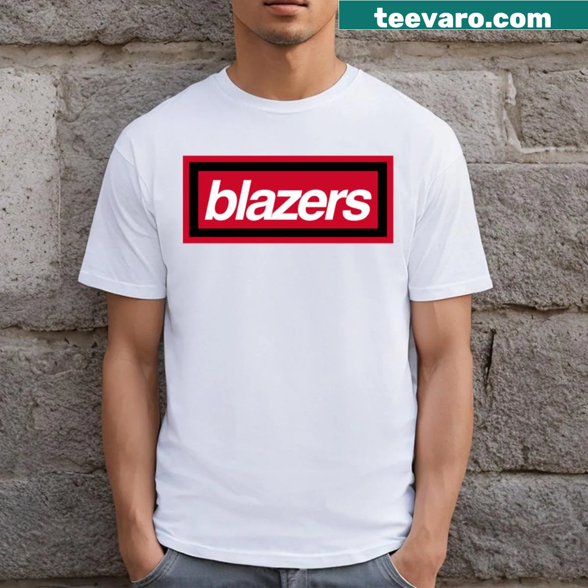 Portland Trail Blazers t-shirt featuring a large box logo on the chest — on a men's t-shirt