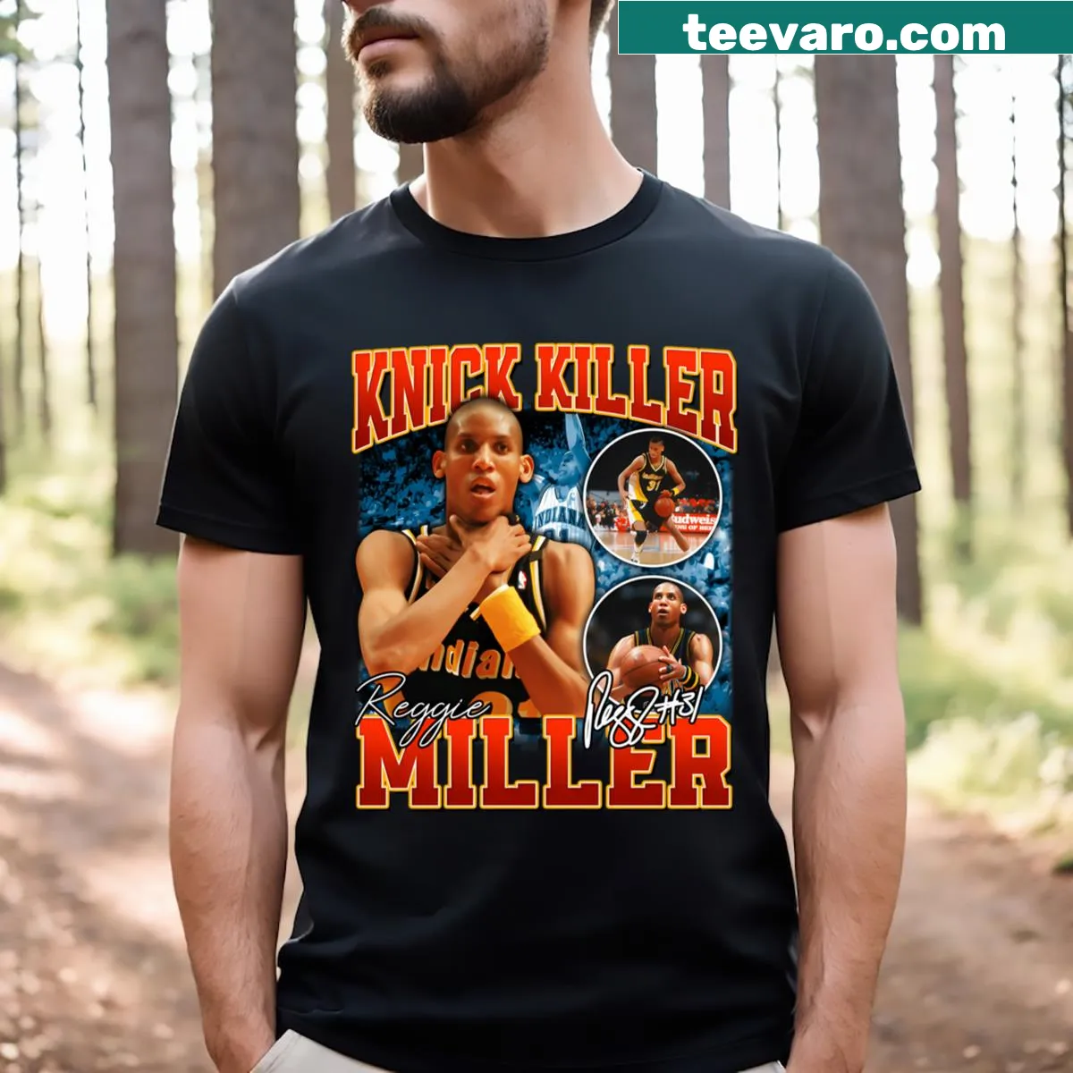 Vintage-style Reggie Miller Choke Sign T-shirt with retro graphic and playful design — on a men's t-shirt