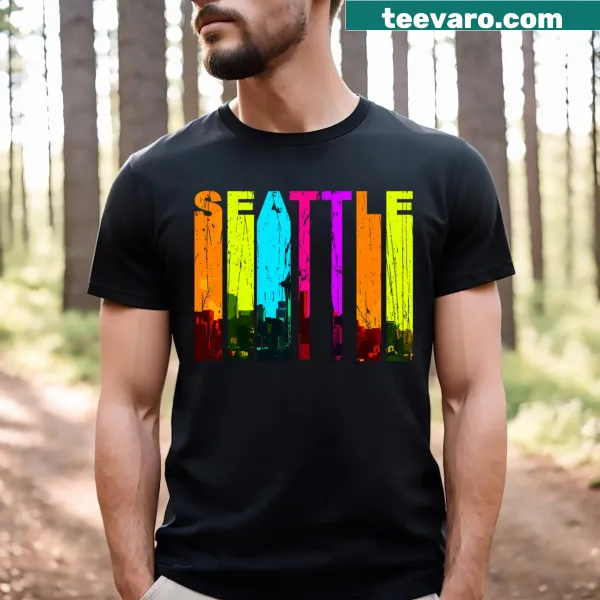 Illustrated Seattle skyline graphic on Retro Seattle t-shirt.